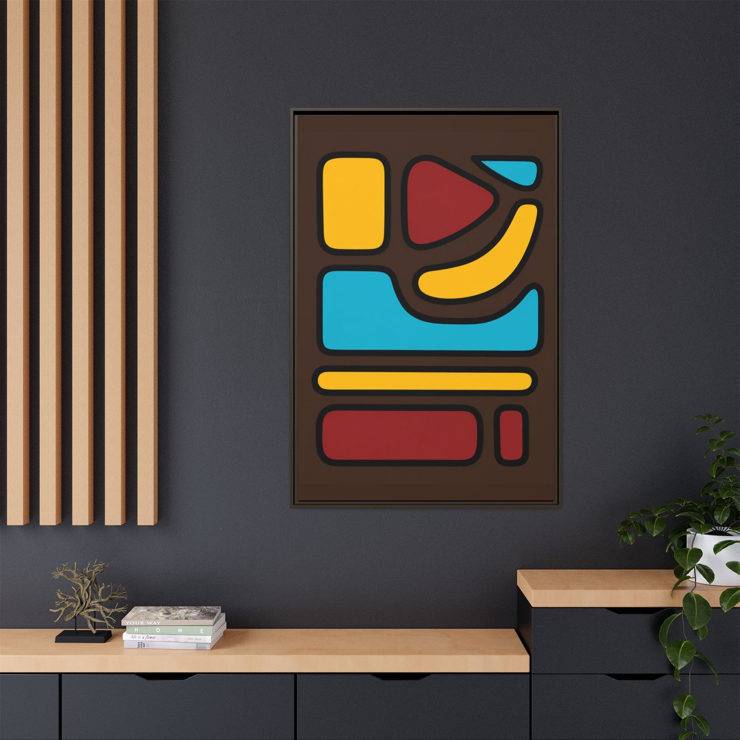 Abstract Geometric Framed Canvas Art — Midcentury Multi‑Color Wall Print