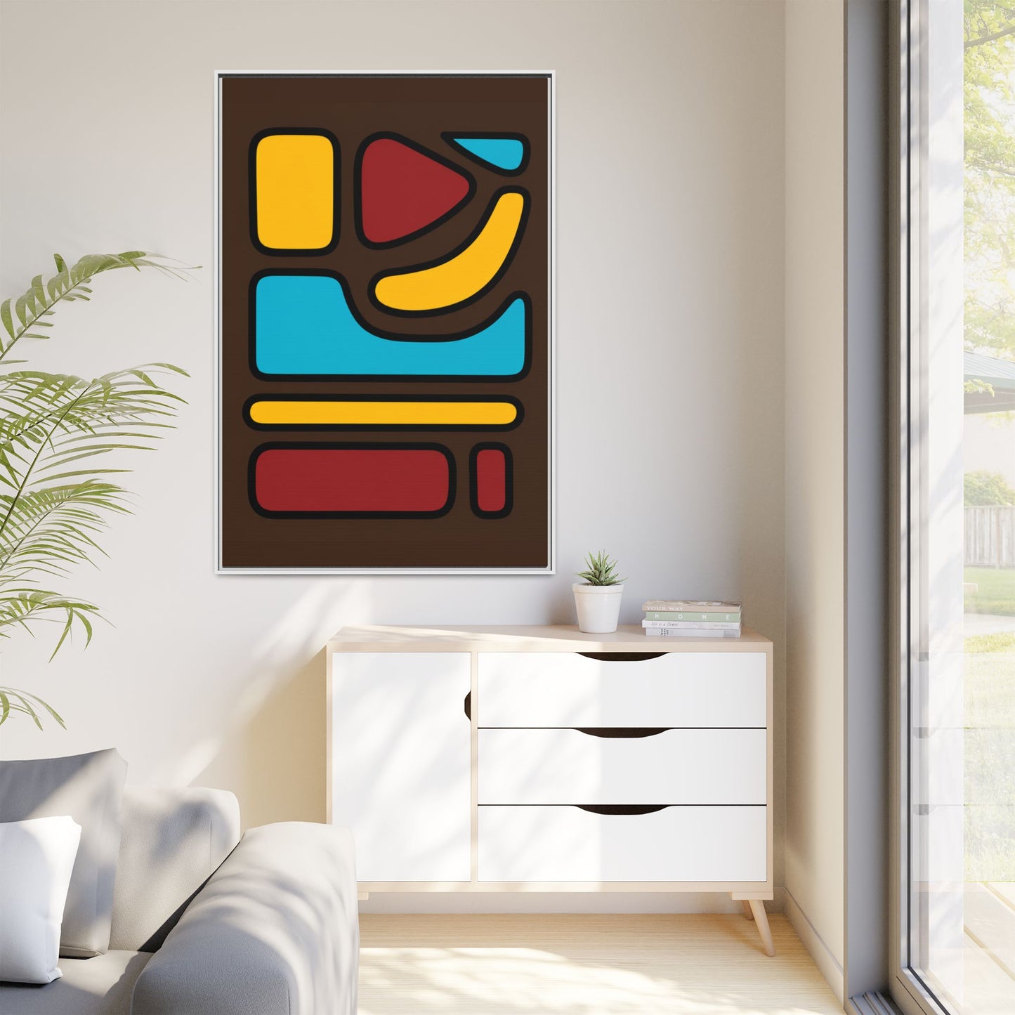 Abstract Geometric Framed Canvas Art — Midcentury Multi‑Color Wall Print