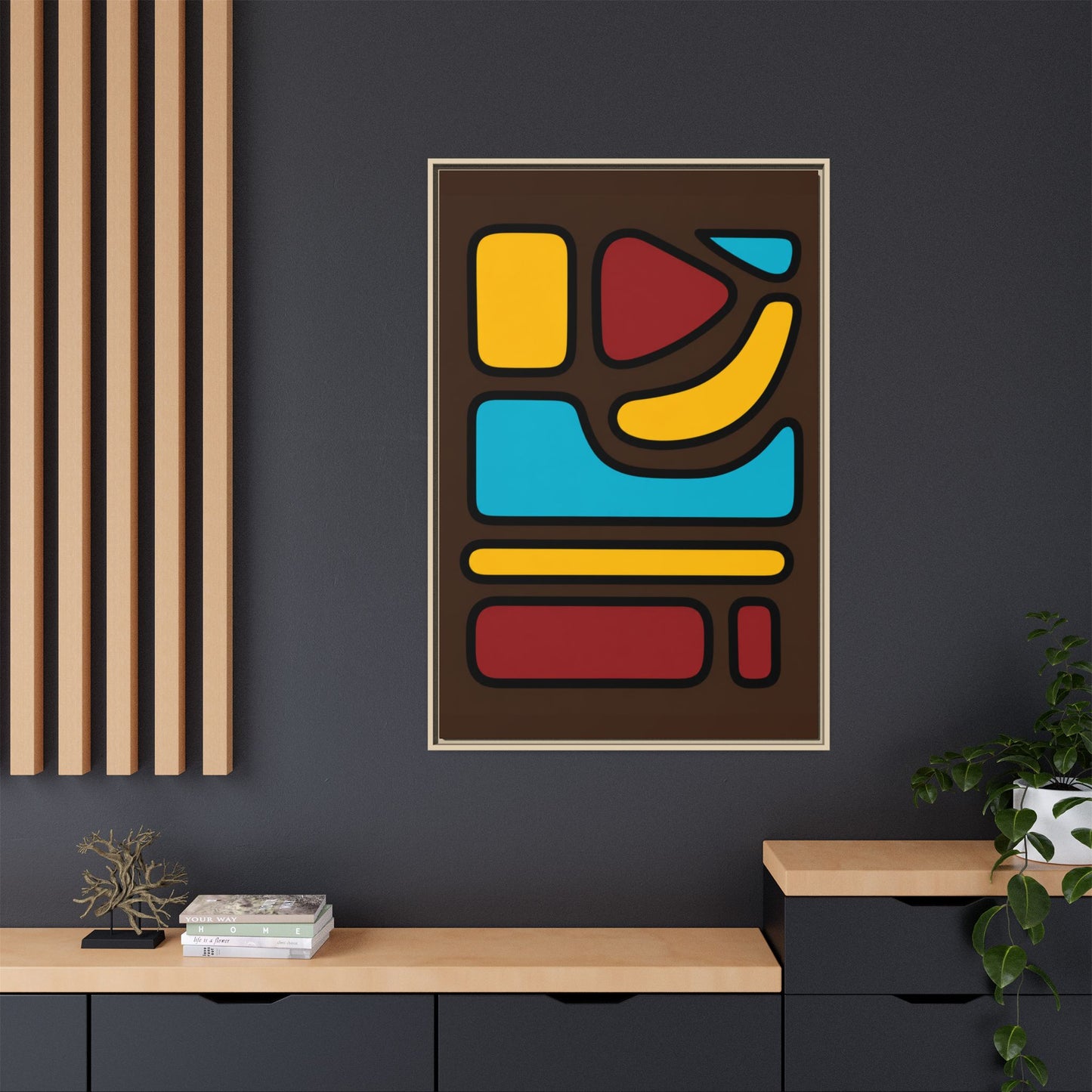 Abstract Geometric Framed Canvas Art — Midcentury Multi‑Color Wall Print