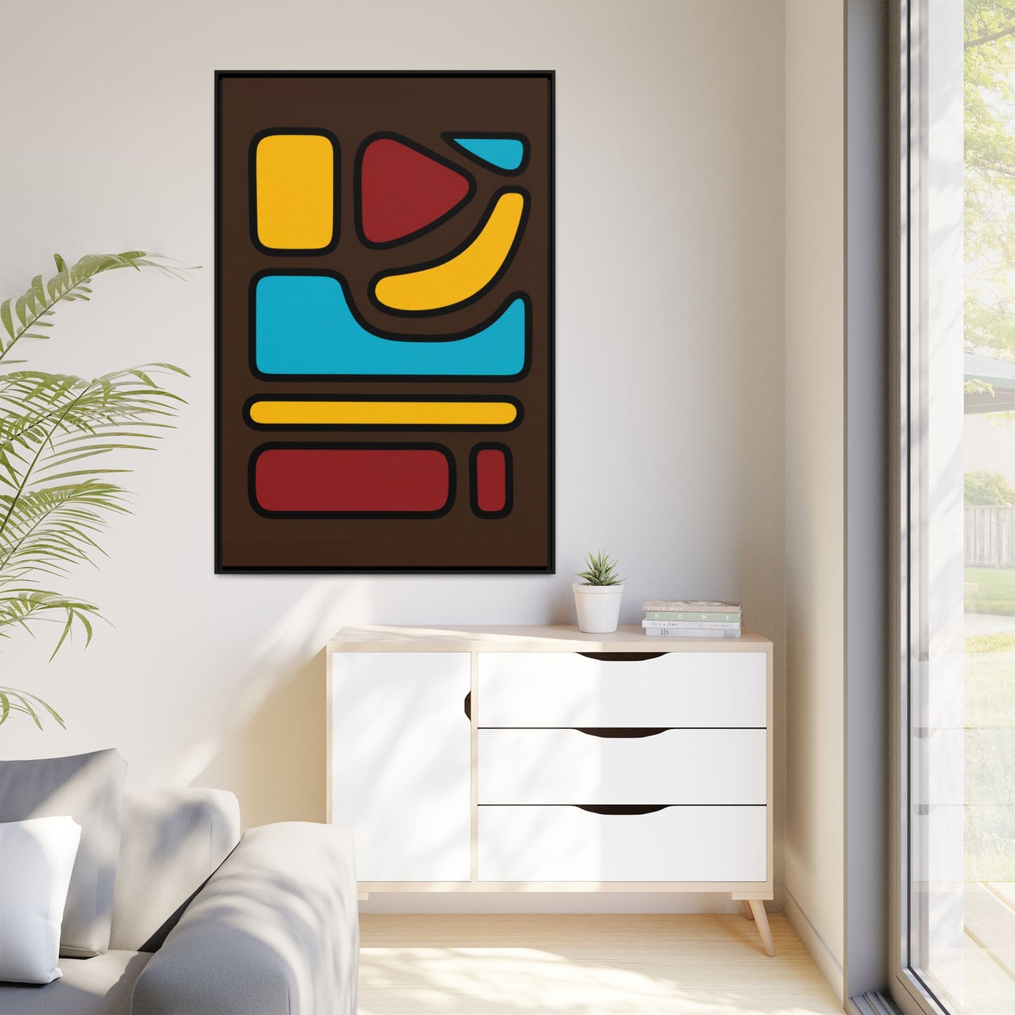Abstract Geometric Framed Canvas Art — Midcentury Multi‑Color Wall Print