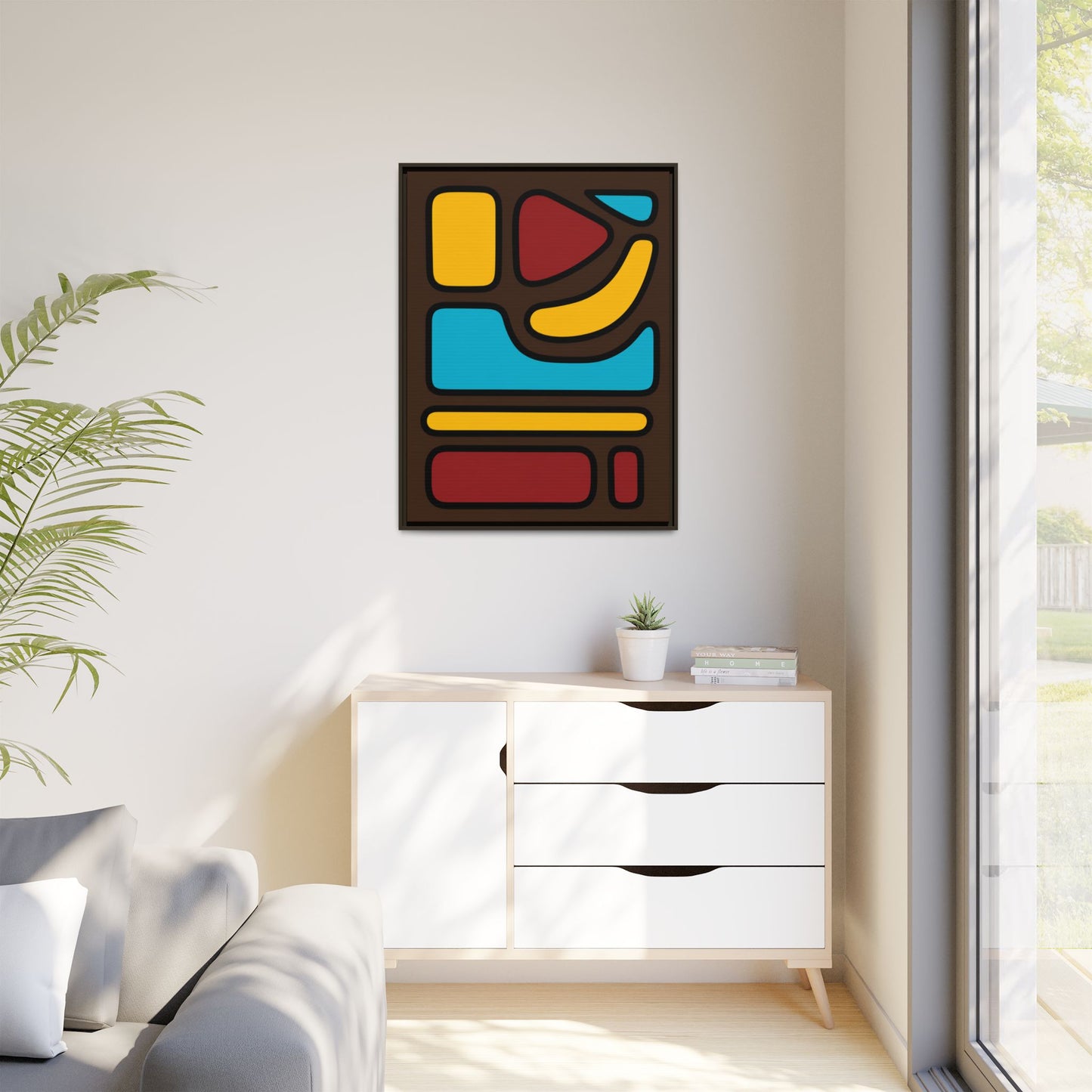 Abstract Geometric Framed Canvas Art — Midcentury Multi‑Color Wall Print