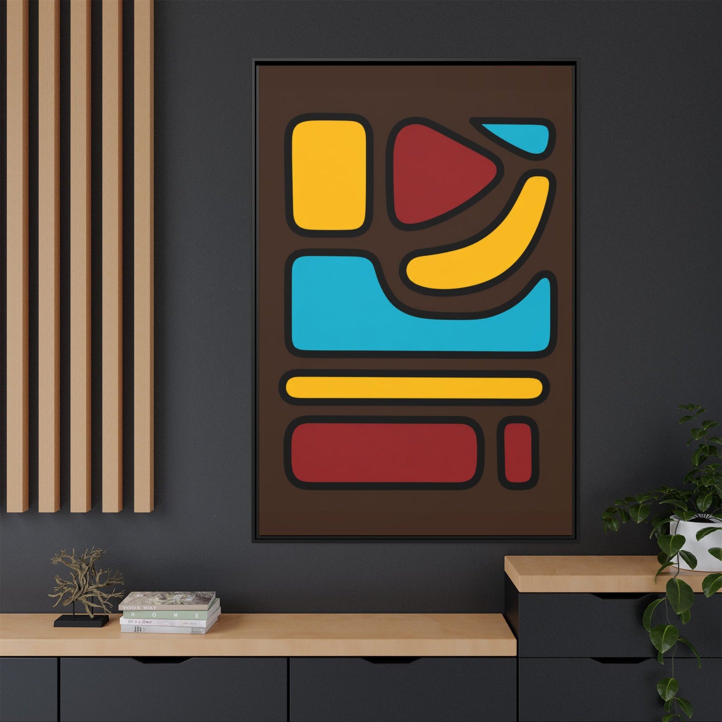 Abstract Geometric Framed Canvas Art — Midcentury Multi‑Color Wall Print