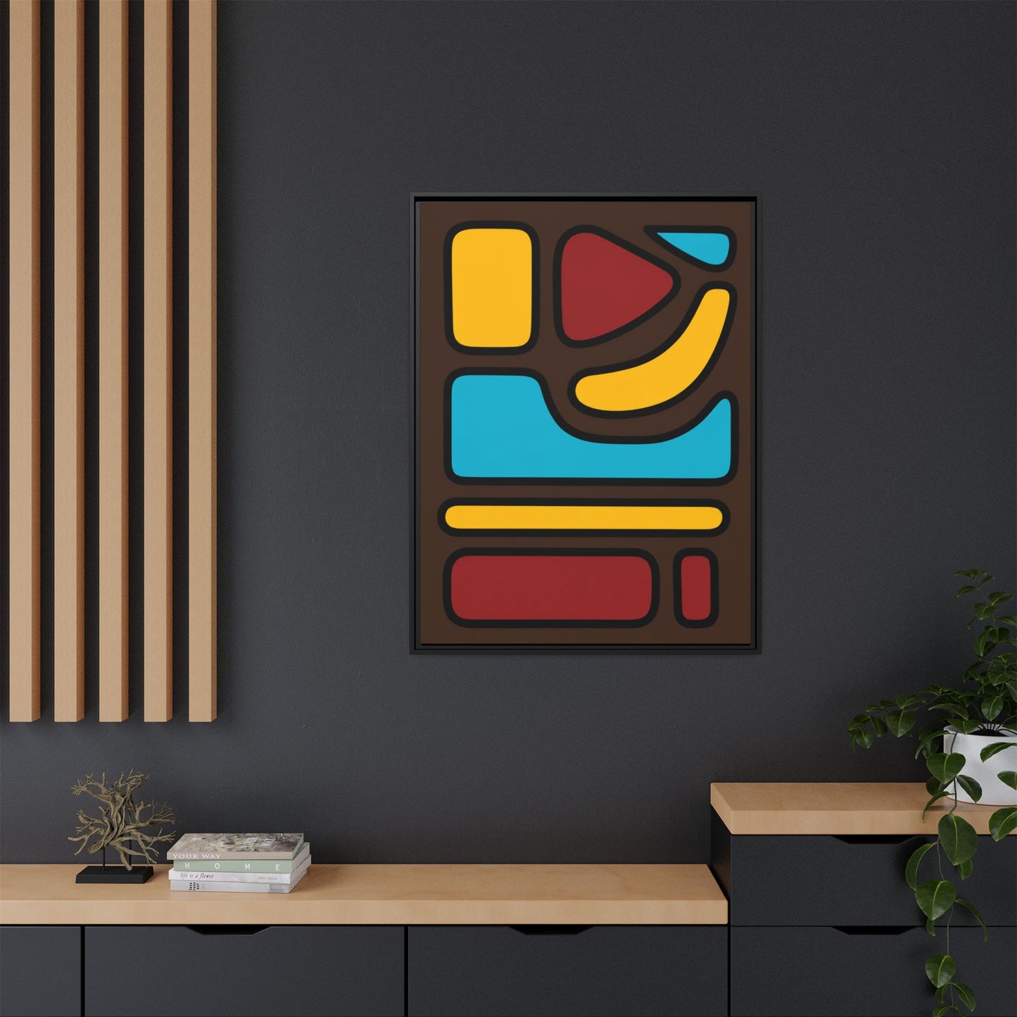 Abstract Geometric Framed Canvas Art — Midcentury Multi‑Color Wall Print