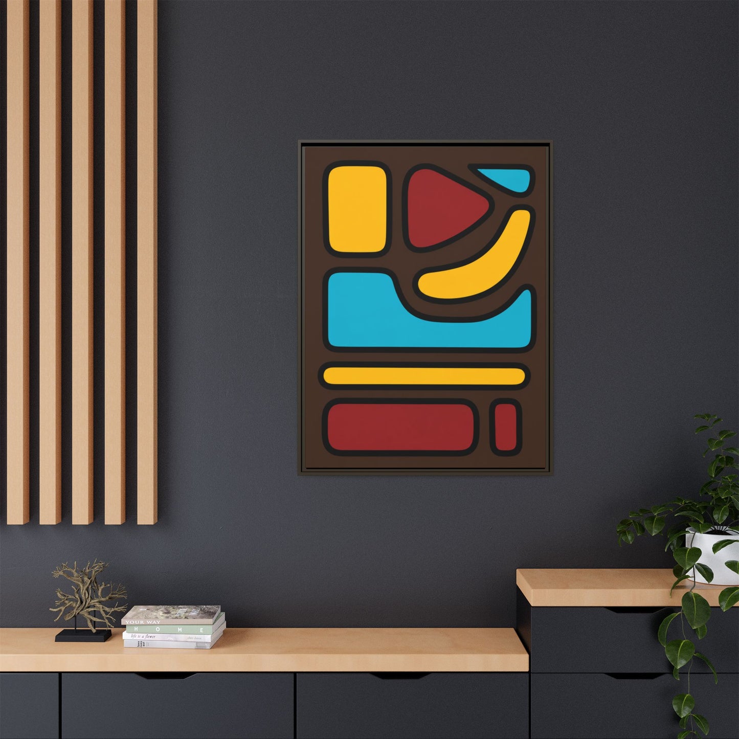 Abstract Geometric Framed Canvas Art — Midcentury Multi‑Color Wall Print