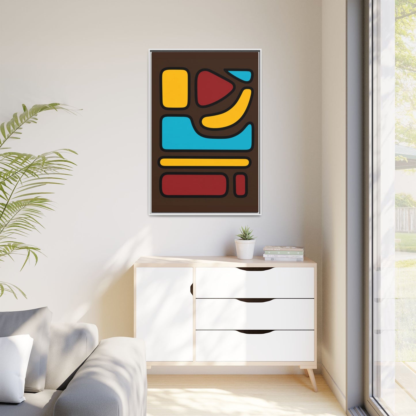 Abstract Geometric Framed Canvas Art — Midcentury Multi‑Color Wall Print