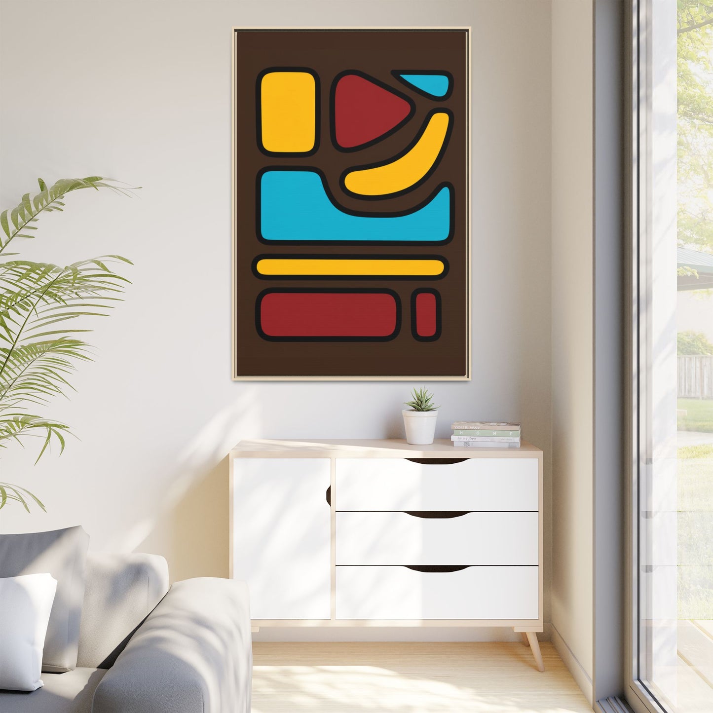 Abstract Geometric Framed Canvas Art — Midcentury Multi‑Color Wall Print