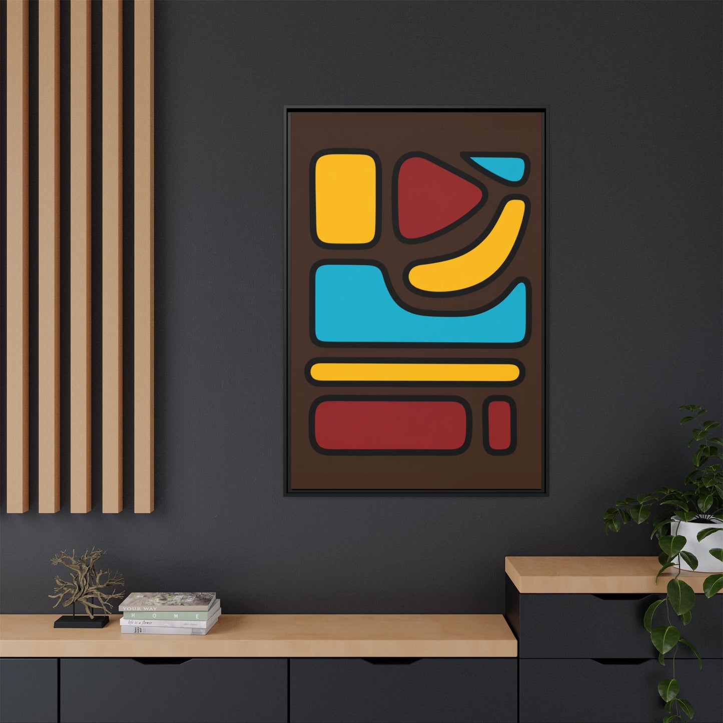 Abstract Geometric Framed Canvas Art — Midcentury Multi‑Color Wall Print