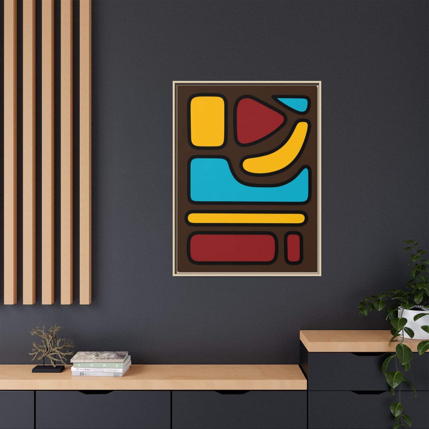 Abstract Geometric Framed Canvas Art — Midcentury Multi‑Color Wall Print