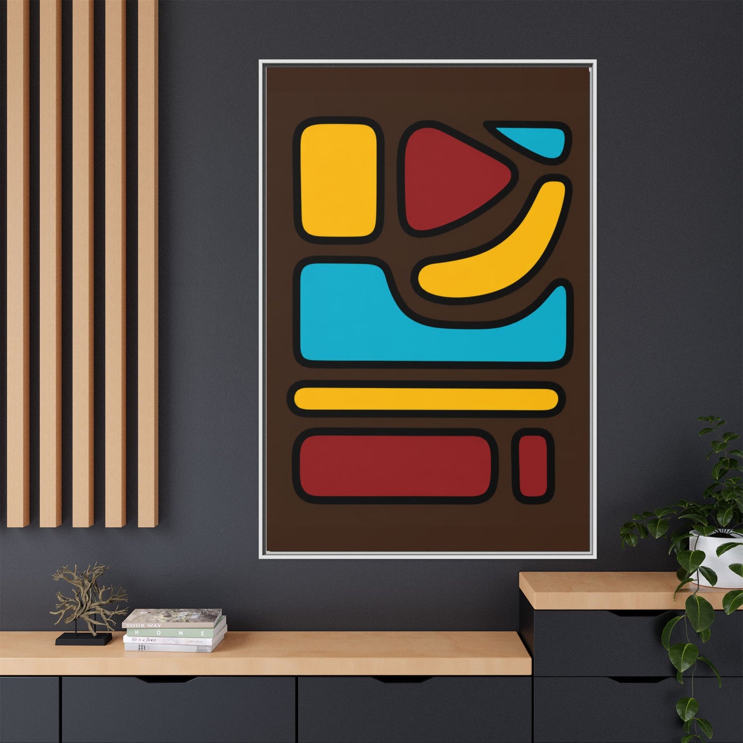 Abstract Geometric Framed Canvas Art — Midcentury Multi‑Color Wall Print