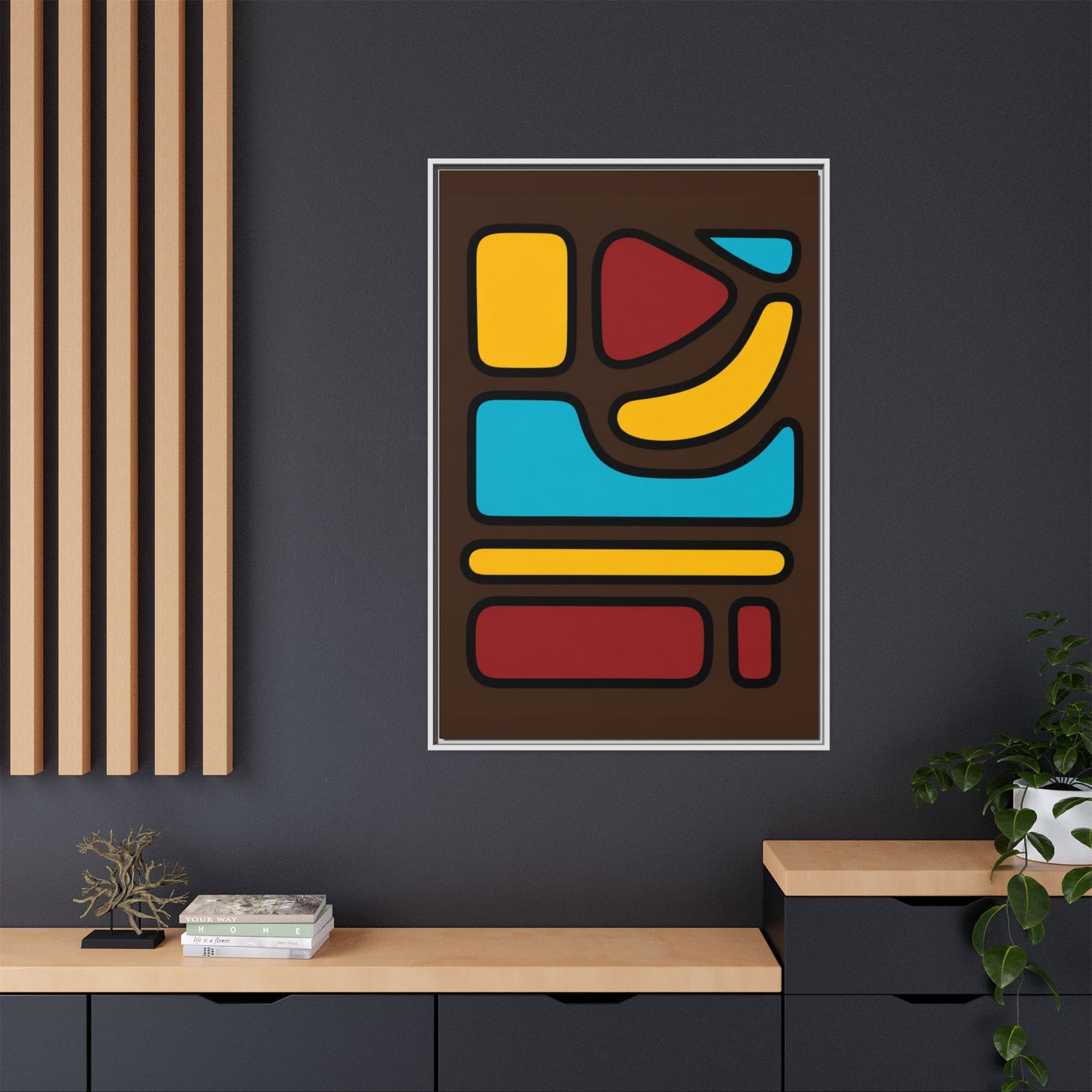 Abstract Geometric Framed Canvas Art — Midcentury Multi‑Color Wall Print