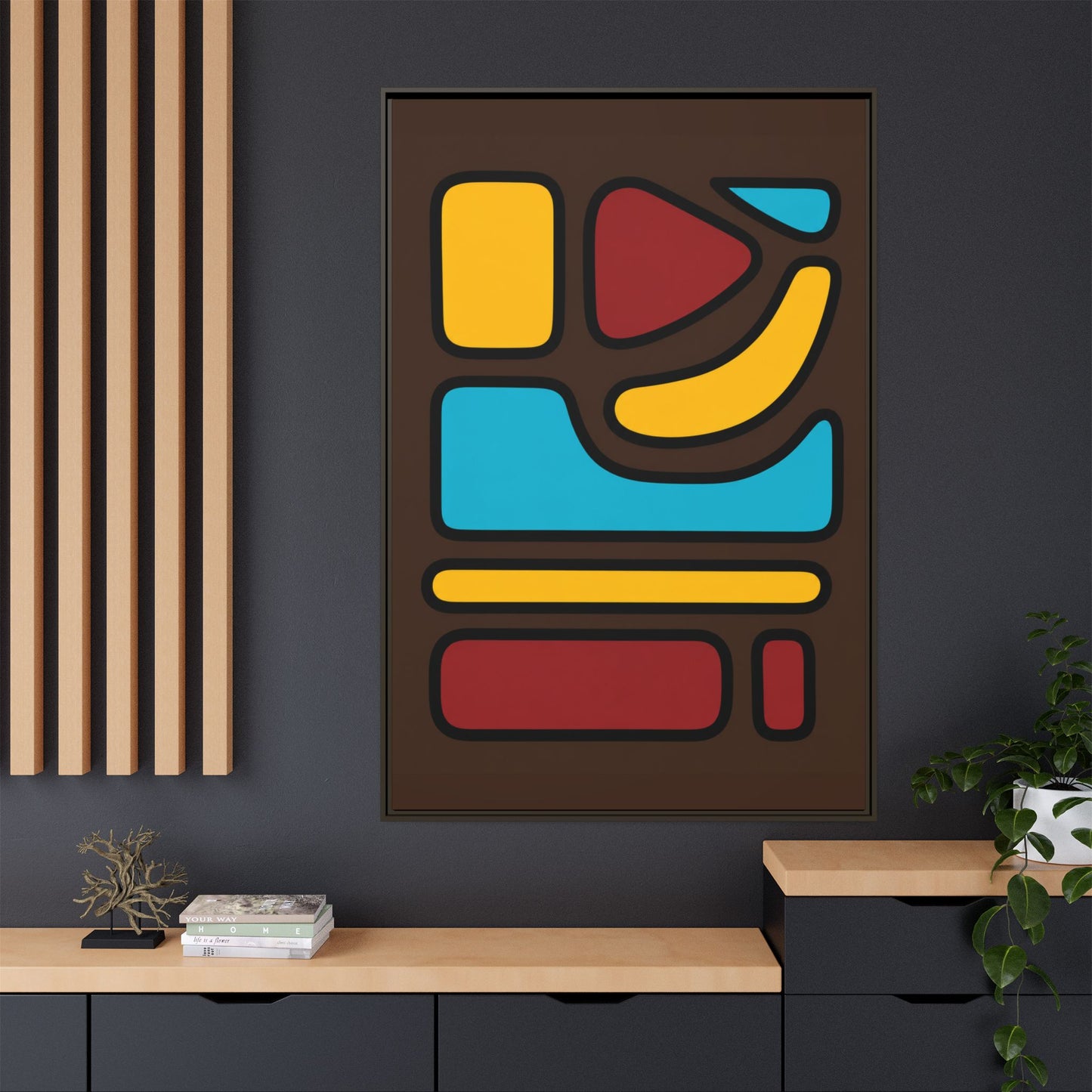 Abstract Geometric Framed Canvas Art — Midcentury Multi‑Color Wall Print