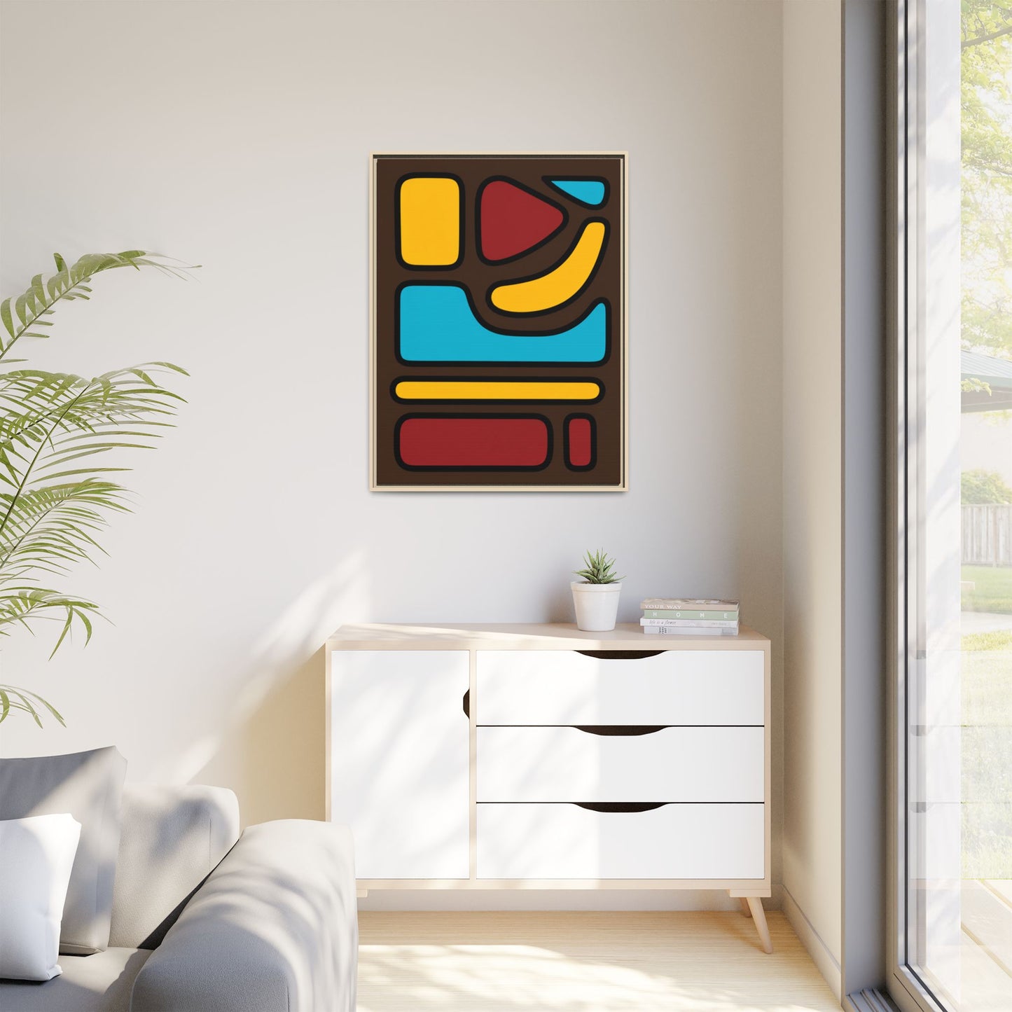 Abstract Geometric Framed Canvas Art — Midcentury Multi‑Color Wall Print